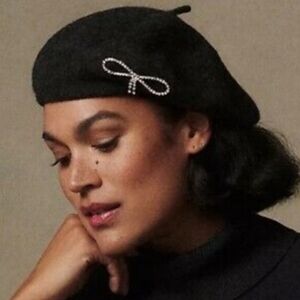 Anthropologie Charcoal Knit Beret with Rhinestone Bow